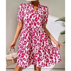 Pink Boho Leopard Print Button Through Puff Sleeve Dress